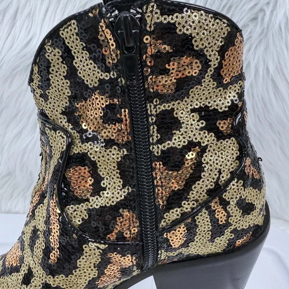 Betsey Johnson Cowboy Boots‎ Lucki Leopard Sequin Sz 6 Animal Print Cowgirl Glam
